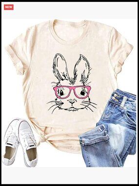 Cotton Blend Funny Bunny Print T-Shirt Short Sleeve Round Neck Casual